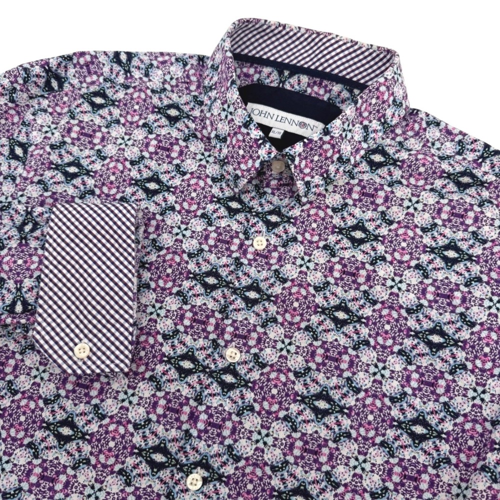 John Lennon Shirt Men XL Purple Geometric Mod Rocker Flip Cuff British Button
